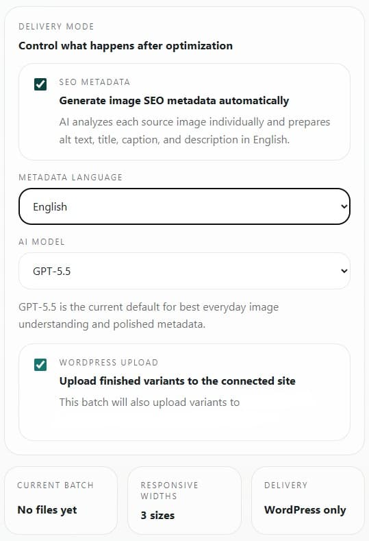 Altloom metadata settings showing automatic image SEO metadata, English language, GPT-5.5 model, and WordPress upload.