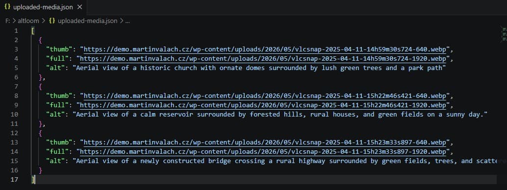 JSON export showing WordPress upload URLs and generated alt text for image files.